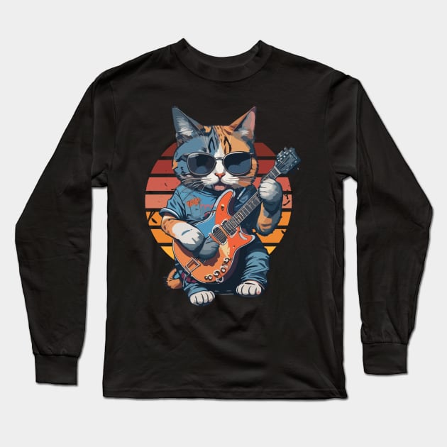 Cat Play Guitar Long Sleeve T-Shirt by ReaBelle